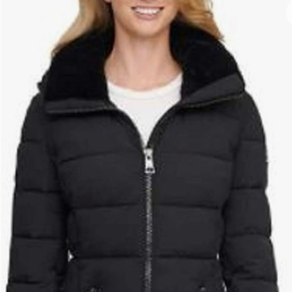 Andrew Marc ladie’s long stretch coat fur hooded ja Sz XL & XXL color black NWT - Picture 1 of 7